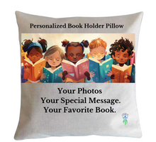 Load image into Gallery viewer, "Personalized photo pillow book holder featuring a customized photo, heartfelt text, and special song, perfect for reading and gifting."