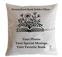 Load image into Gallery viewer, "Personalized photo pillow book holder featuring a customized photo, heartfelt text, and special song, perfect for reading and gifting."